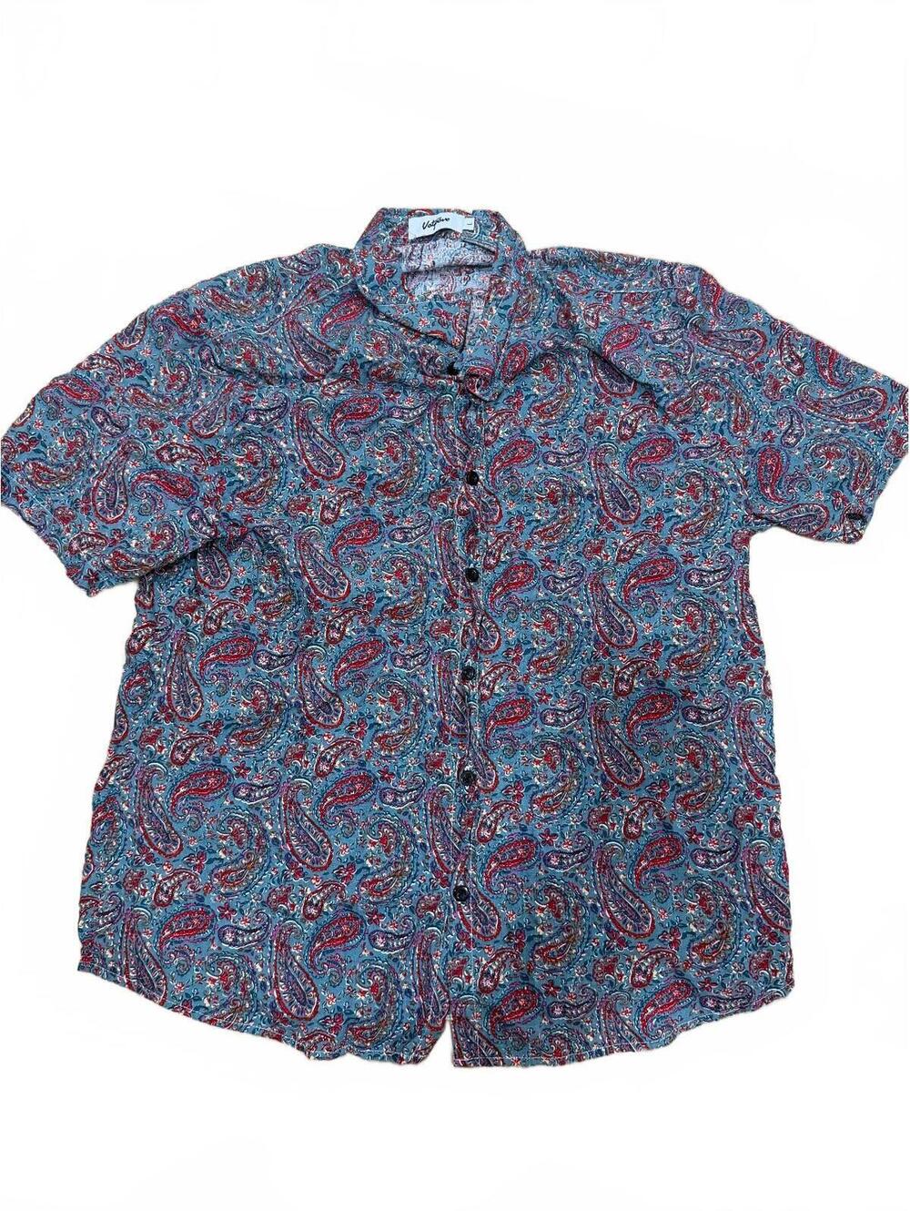 Vatpave Men’s Large Paisley Button Up Shirt Short Sleeve Blue Red Boho Casual